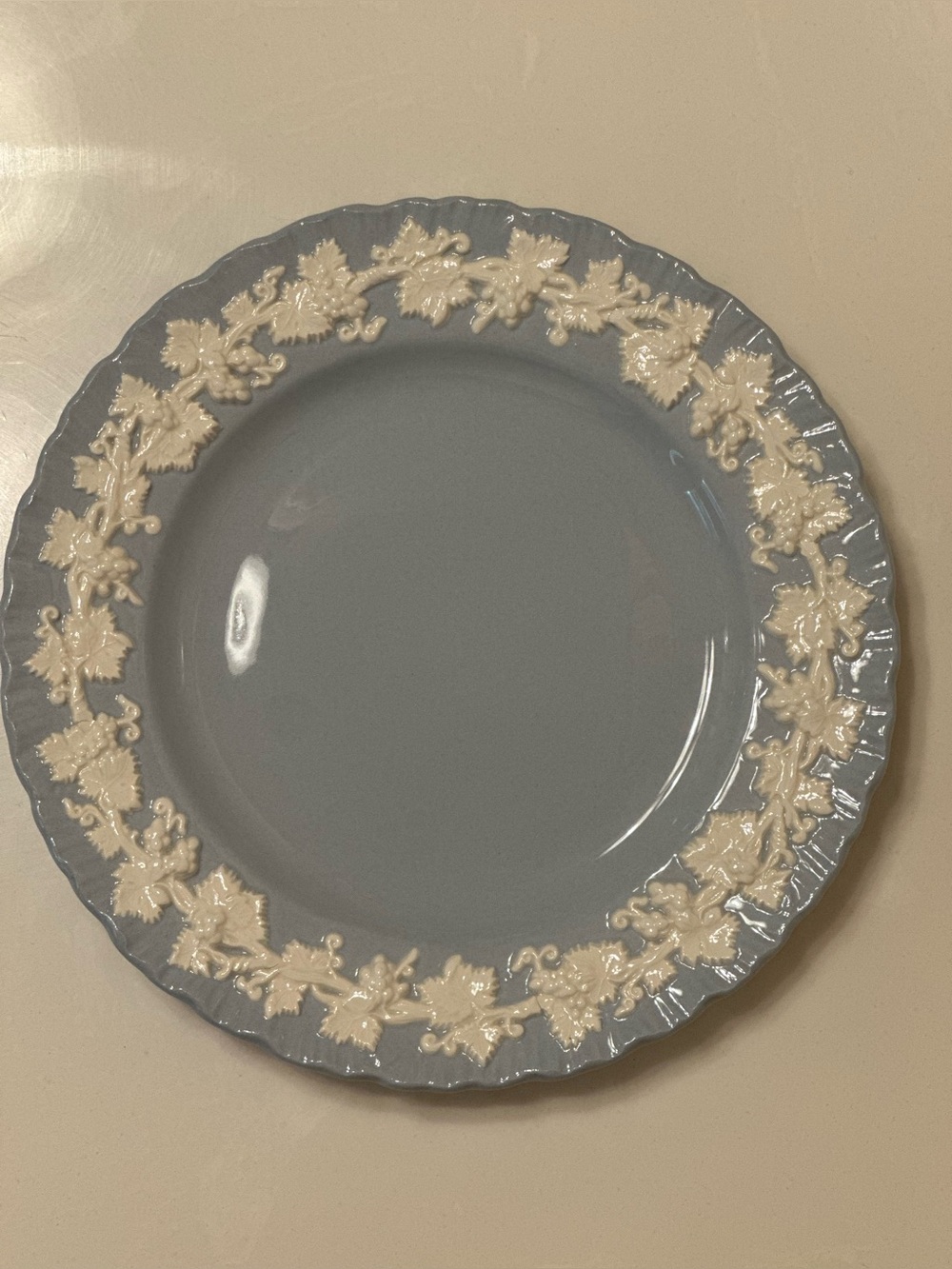 Wedgwood Blue Lavender/Creme Embossed Queen’s Ware Grapevine Bread Plate